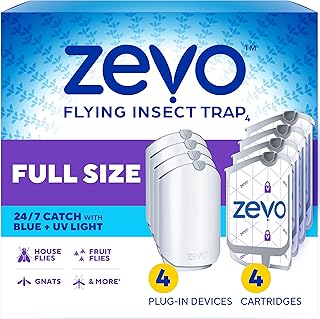 ZEVO Flying Insect Trap for Fruit Flies & Gnats, 4 Plug-in Bases, 4 Refills | Catches Fruit Flies & Gnats Near Fruit Bowls & Trash Bins, Spray-Free, Odor-Free, Blue & UV Light Trap, Safe for Kids & Pets*