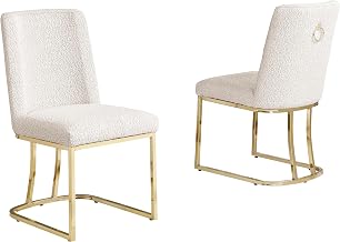 Modern Chairs Set of 2, Chrome Side Chairs & Counter Stools with Ring Pull Back, Luxury Upholstered Chairs for Kitchen Island, Dining Room & Home Bar (Boucle, Cream/Gold, Side Chair)