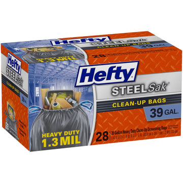 SteelSak Heavy Duty Large Clean-Up Trash Bags by Hefty – 28 Count (Pack of 1), 39.0 gallons, Steel, Black, Model E24530