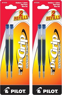 Pilot Dr. Grip Center of Gravity Ballpoint Pen Refills, Medium Point, Blue Ink, 4 Refills