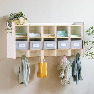 Guidecraft EdQ 10-Section Wall Mounted Locker, Kids White Wooden Classroom Storage Locker with Divided Cubbies, Compartment Storage with Hooks for Playroom and Preschool