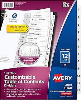 Avery Dividers for 3 Ring Binders, 12 Tabs per Set, Customizable Table of Contents, Classic White Tabs, Great for Organizing Reports, Projects, and More (11140)