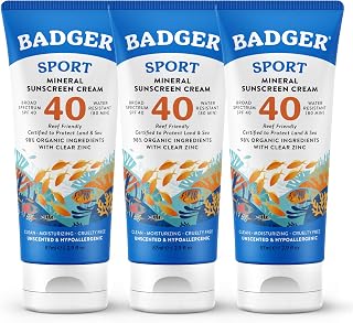 Badger Sport Mineral Sunscreen SPF 40, Zinc Oxide, 2.9 fl oz (3-Pack) | 98% Organic, Zinc Oxide, Water Resistant, Hawaii Reef Act Compliant, Unscented, Sport sunscreen, Hypoallergenic sunblock