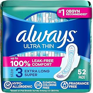 Always Ultra Thin Feminine Pads with Wings for Women, Size 3, Extra Long Super Absorbency, Unscented, Up to 100% Leak-Free Protection, 52 Count