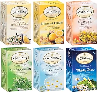 Twinings Herbal Tea Bags Variety 6-Pack – Naturally Caffeine-Free Teas, Peppermint, Red Rooibos, Lemon & Ginger & Camomile Varieties, 20 Count Each