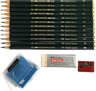 Faber-Castell 9000 Graphite Sketch Pencil Art Set (8B - 2H) with Kneaded Art Eraser, Large Dust Free Eraser and Sharpener