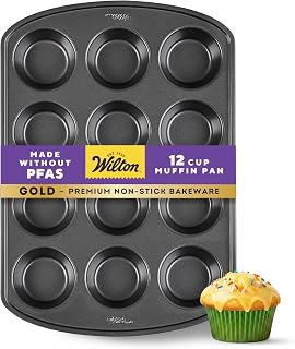 Wilton Gold Non-Stick Bakeware Muffin Pan-Baking Pan for Muffins & Cupcakes-Made Without PFAS,Dent Resistant&Dishwasher Friendly-Offers Even Heat Distribution-10.5 x 15 x 2 Inches, 12 Cup (Pack of 6)