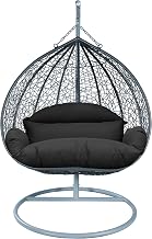 LeisureMod Hanging Egg Chair with Stand for Indoor Outdoor Wicker Patio Swing Chair Open Weave Basket Design with Cushion Metal Frame for Patio Garden Balcony (Grey Frame Black Cushion)