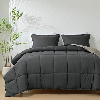 3-Pcs Gray/Silver King/California King Bedding Reversible Comforter Set | Box Stitched Reversible Duvet Insert Blanket All Season Use, 100% Cotton Fabric Down Alternative Lightweight Comforter Set