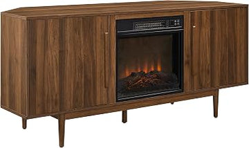 Crosley Furniture Liam Mid-Century Electric Fireplace Corner TV Stand for 65" TVs, Entertainment Center Media Storage, Walnut