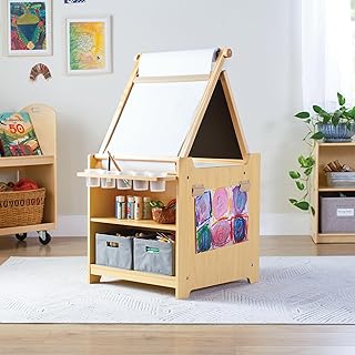 Guidecraft Kids Desk to Easel Art Cart - Natural: 3-in-1 Wood Art Table & Craft Storage, Classroom Easel for Kids w/Chalkboard, Paint Cups & Storage Bins, Paper Roller, Playroom Toddler Activity Desk