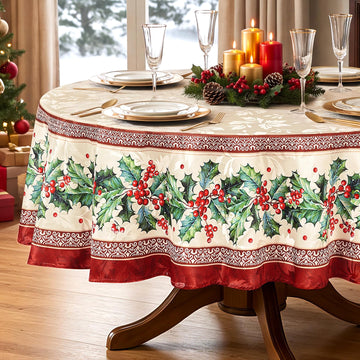 Softalker Christmas Jacquard Tablecloth, 70 Inch Round, Holly