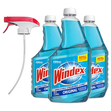 Refill Original Blue Glass and Window Cleaner Bottles + 1 Reusable Spray Trigger by Windex – 32 Fl Oz (Pack of 3), Original Glass Cleaner, Pack of 3, Model 343297