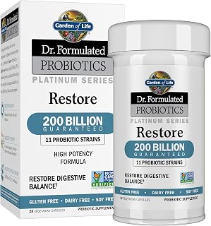 Garden of Life Dr. Formulated Probiotics Platinum Series Restore 200 Billion CFU Guaranteed, High Potency Probiotic Formula, Vegan, Non-GMO, Gluten Dairy Free Digestive Immune Support, 28 Capsules