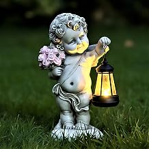 Solar Angel Outdoor Statue with Lantern –12.32 Inch Garden Cherub Light Decor for Yard, Patio, Memorial & Holiday – Cupid Gift for Lovers Mom Women Gardner