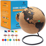 Black Cork Globe with Push Pins - 7.9" Tall Globe with Map of the World and Rotating Stand for Adults by Globe Trekkers – Small (6"), Cork, Model GT1