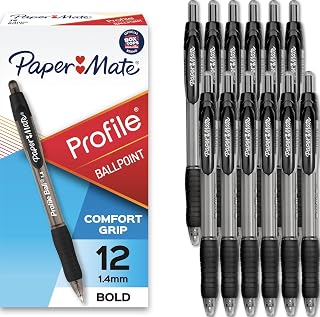 Paper Mate Profile Retractable Ballpoint Pens, Bold Point (1.4mm), Black Ink, 12 Count - Writing, Journaling, Office Supplies