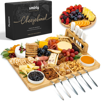 Smirly Bamboo Charcuterie Set, Large Serving Board with Knives and Bowls