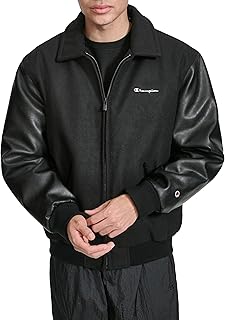 Champion Men's Letterman Varsity Bomber Zipper Closure Jacket With Faux Leather Sleeves