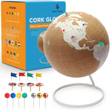White Cork Globe with Push Pins - 9.4” Tall Globe with Map of the World and Rotating Stand for Adults by Globe Trekkers – Medium, Plastic, White, Model MWG-2