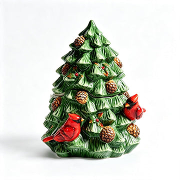 Forlong Ceramic Cookie Jar, Christmas Tree with Cardinal Bird, 8.2 x 7.3 x 9.8 Inches