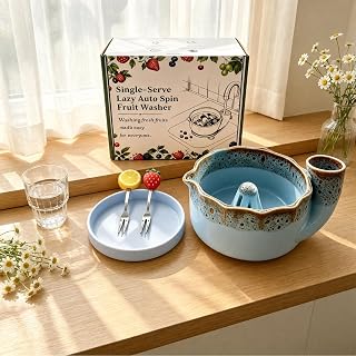 Ceramic Self Spinning Berry Washing Bowl, Household Fruit Bowl with Handle, Gradient Pink Set with Fruit Forks & Silicone Mat for Kitchen Prep (CSL-SGW-FBM-BIUE)