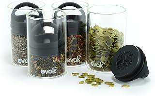 SET OF 4 EVAK MINI- Best PREMIUM Airtight Storage Container for Coffee Beans, Tea and Dry Goods - EVAK - Innovation that Works by Prepara, Glass and Stainless, Compact Handle, Mini (Black Rubber)