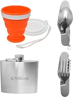 Camillus 4pc camp kit multi tool spoon, multi tool fork, 5 oz flask, folding cup stainless steel flask