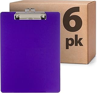 Officemate Plastic Clipboard, 9 x 12.5-Inches, Letter Size Recycled Document Holder with Low-Profile Metal Clip, Retractable Hanging Hole, Purple, Pack of 6