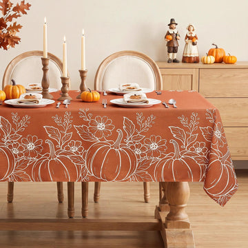 Softalker Faux Linen Fall Tablecloth, 60x104 Inch Rectangle, Pumpkin & Leaf