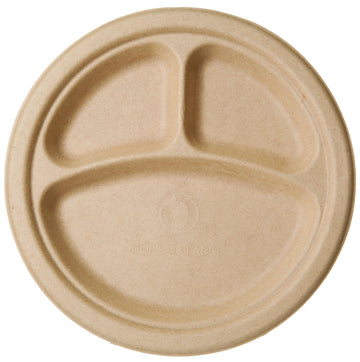 Compostable 9" Molded Fiber 3 Compartment Paper Plates by Vegware – 9", Molded Fiber, White, Pack of 500, Model BGW-9-3