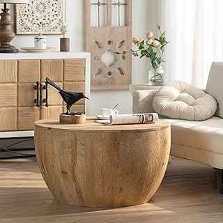 32" Vintage Wooden Coffee Table, Round Coffee Table with Storage Space, Mesa De Centro para Sala with High Load Bearing for Dining Room Office Living Room, Natural