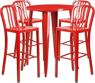Flash Furniture Commercial Grade 30" Round Red Metal Indoor-Outdoor Bar Table Set with 4 Vertical Slat Back Stools | Commercial Grade, Indoor/Outdoor Use, Vertical Slat Back