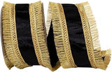 Reliant Ribbon Plush Velvet Regal Trimming Fringe Deluxe Overlay Wired Edge Ribbon, Black/Gold