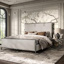 Lalia Hammered Metal 2-Piece Bedroom Collection, Upholstered Bed Frame with Beige Fabric Headboard, Forged Steel and 1-Shelf Nightstand, Foundation Required, King, Matte Grey