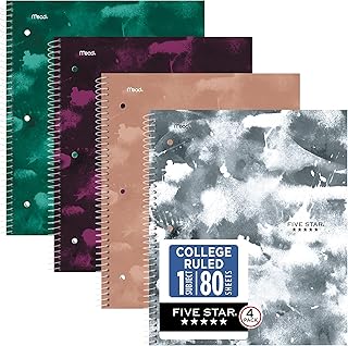 Five Star Spiral Notebook + Study App, 1 Subject, College Ruled Paper, 8-1/2" x 11", 80 Sheets, Graphics, 4 Pack (850221F)