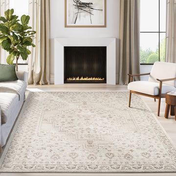 Beau Collection Beige Area Rug - 5' x 8' - Medallion Pattern by Abani – 5' x 8' (Rectangular), Polypropylene, Beige, Model BEA130A-5