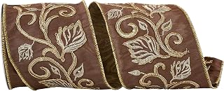 Reliant Ribbon 93901W-092-10D Leaf Scroll Embroidered Dupioni Meshed Back Wired Edge Ribbon, 4 Inch X 5 Yards, Brown