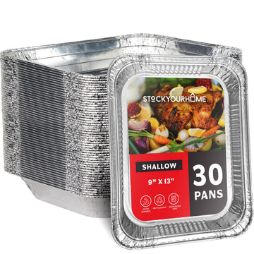 (30 Pack) Disposable Aluminum Pans 9x13 Shallow by Stock Your Home – Shallow, Aluminum, Silver, Pack of 30, Model Stock Your Home