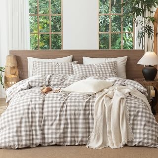 Gingham Duvet Cover Set 100% Washed Cotton Linen Like