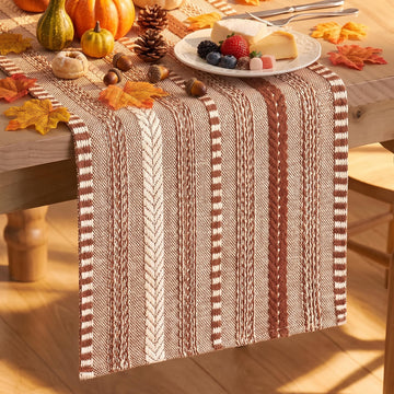 Artoid Mode Braided Table Runner, 12 x 72 Inch, Caramel Farmhouse Stripe