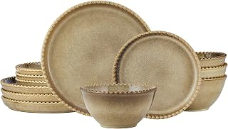 Pfaltzgraff Lumira Beaded Brown 12 Piece Dinnerware Plates Bowls Set for 4