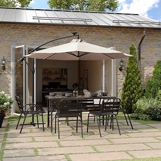 Flash Furniture 10 FT Round Solar Cantilever Umbrella, Tan | 32 LED Lights, Built-In Cross Base, 6 Hour Run Time, Commercial Grade