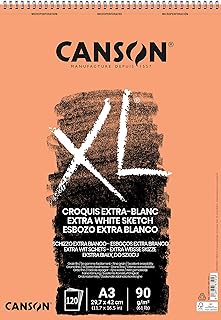 Canson XL Extra White Sketch 90 A3 Paper, Fine Grain, Spiral Pad Short Side, 120 Sheets, Ideal for Professional Artists & Illustrators