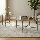 Lalia Modern Metal 2-Piece Round Coffee Table and Round End Table Set with Tempered Glass Top, Forged Steel Base for Living Room, Matte Gray