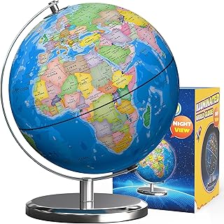 Waldauge 9 Inch Illuminated World Globe, LED Constellation | Heavy Metal Base, Plug-in E14 LED Light, 88 Constellations, Kids Learning Tool, Desk & Classroom Decor