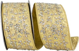Reliant Ribbon Jeweled Vines Metallic Deluxe Wired Edge Ribbon, Gold