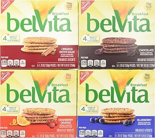 Belvita Breakfast Biscuits Variety Pack - Blueberry, Chocolate, Cinnamon Brown Sugar & Cranberry Orange (1) 8.8 oz. Box of Each Flavor (Bundle of 4)