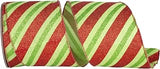 Reliant Ribbon Diagonal Glitter Holiday Stripes Linen Wired Edge, Green/red, 4 Inch, 10 Yards