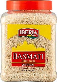 Iberia Basmati Rice Jar, 2 Pounds, Extra Long Grain, Naturally Aged Indian White Basmati Rice, Natural Basmati Rice in Food Grade Jar.